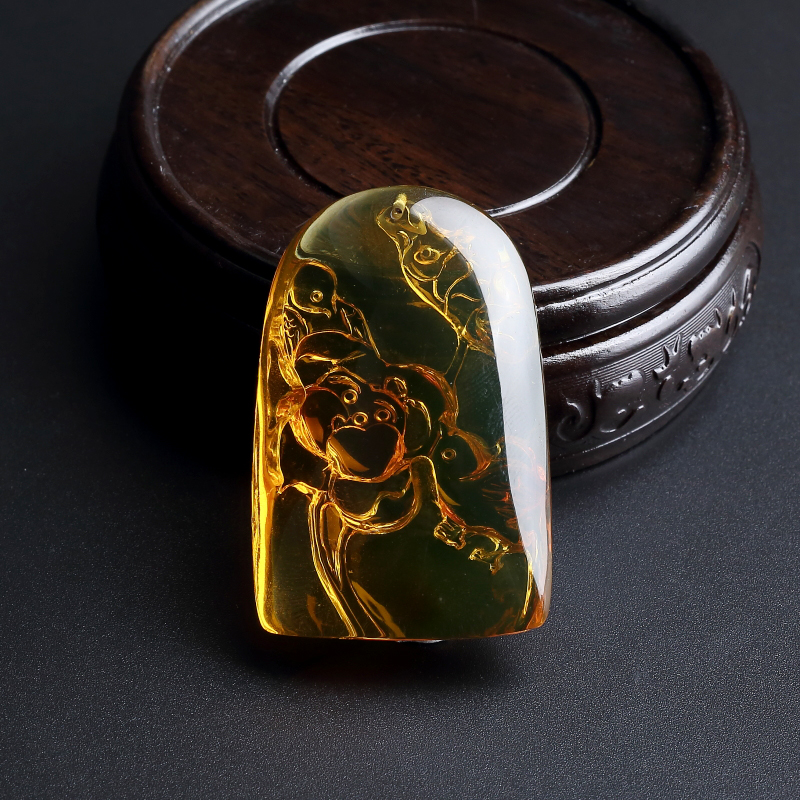 高蓝净水蓝珀花鸟吊坠-红掌柜