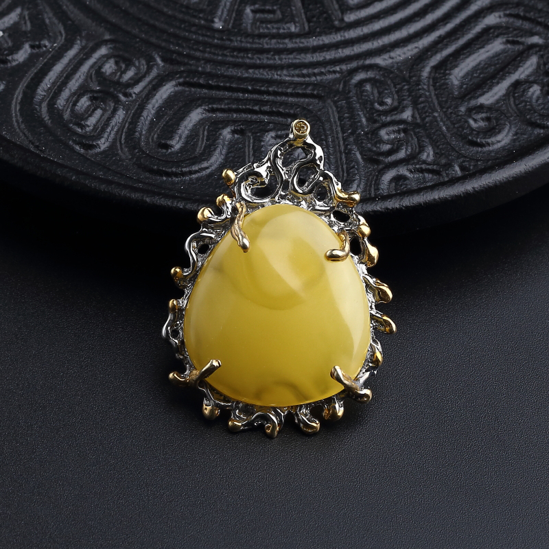 银镀金镶波罗的海天然鸡油黄蜜蜡吊坠-红掌柜