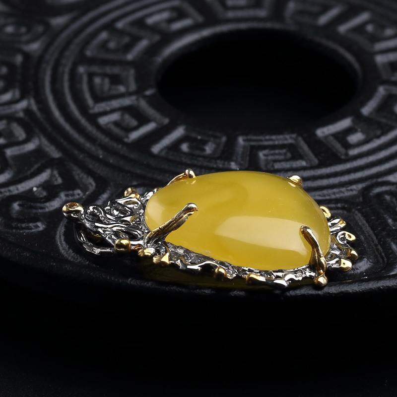 银镀金镶鸡油黄蜜蜡吊坠-红掌柜