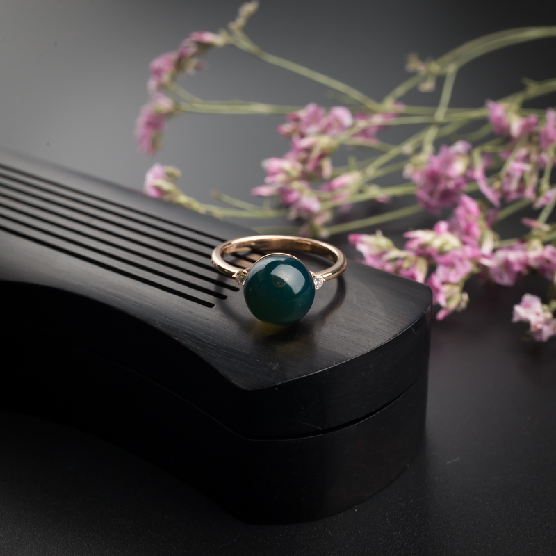 18K金镶多米蓝珀戒指-红掌柜