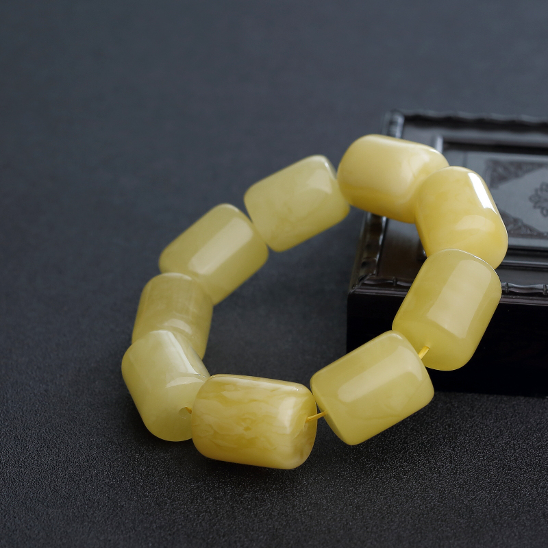 鸡油黄蜜蜡桶珠手串-红掌柜