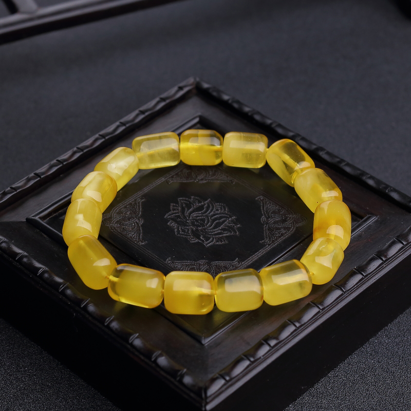 鸡油黄蜜蜡桶珠手串-红掌柜