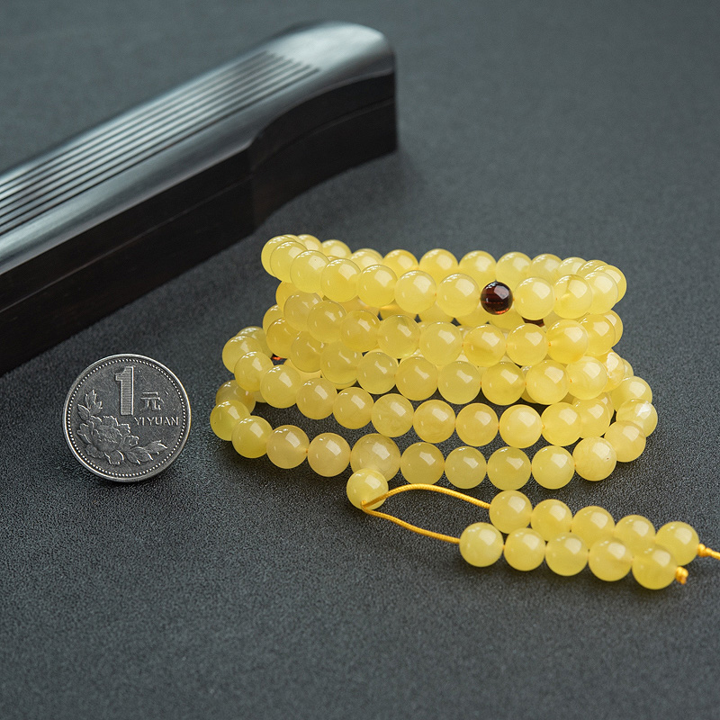 天然8mm鸡油黄蜜蜡108佛珠-红掌柜
