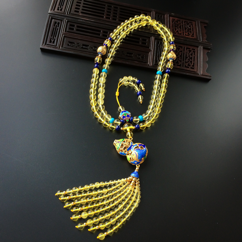 缅甸天然金珀圆珠流苏项链 - 红掌柜