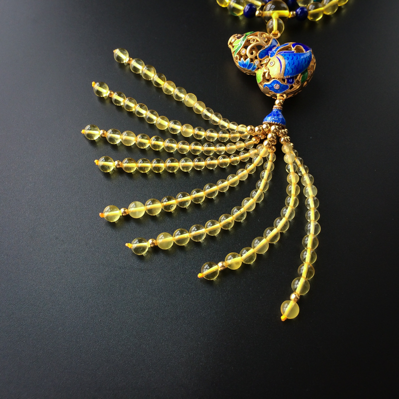 天然金珀圆珠流苏项链 - 红掌柜