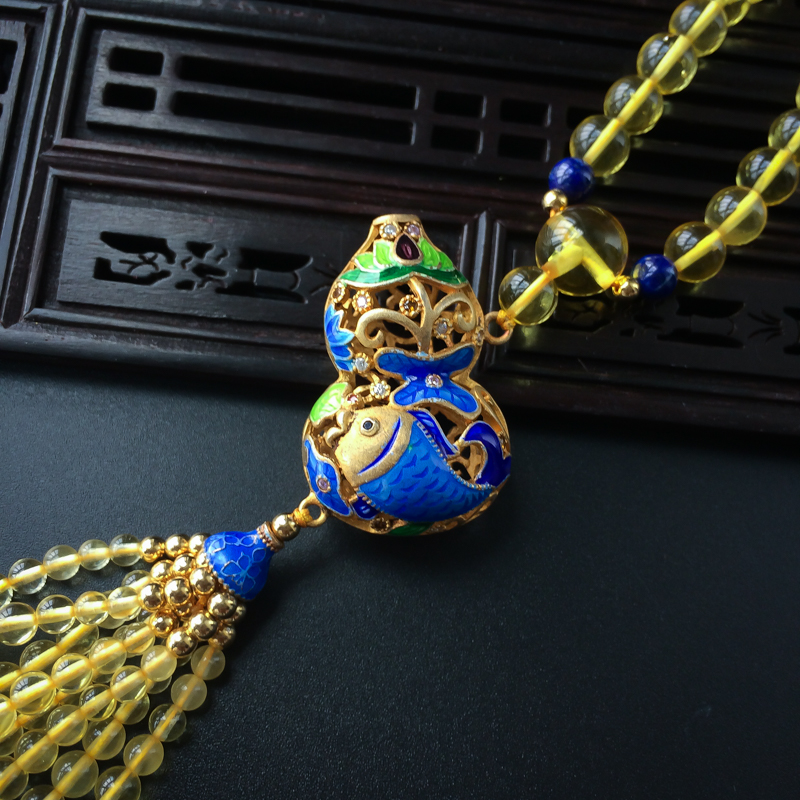 缅甸天然金珀流苏项链 - 红掌柜