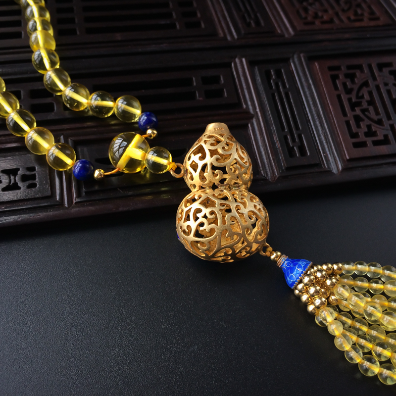 缅甸天然金珀圆珠项链 - 红掌柜