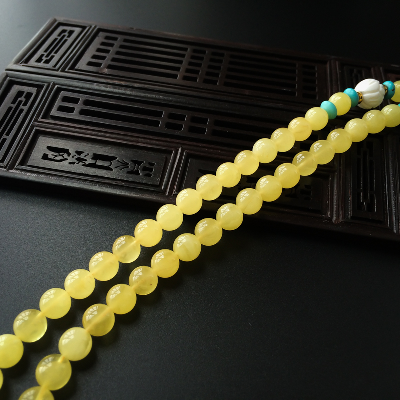 天然柠檬黄蜜蜡平安扣佛珠手串项链 - 红掌柜