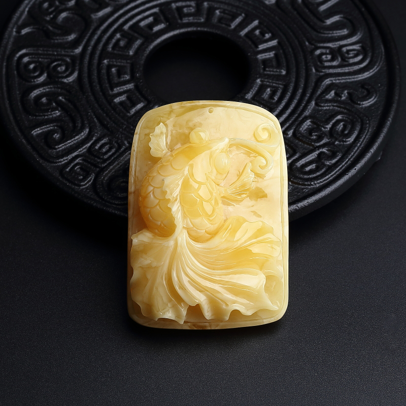 波罗的海天然满蜜黄白蜜蜡金鱼牌吊坠 - 红掌柜