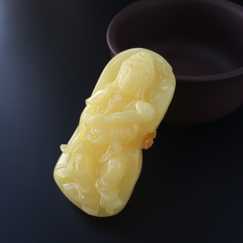 天然满蜜黄白蜜观音蜜蜡吊坠-红掌柜