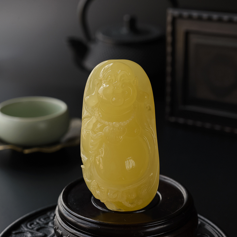 波罗的海天然满蜜柠檬黄蜜蜡弥勒佛吊坠-红掌柜