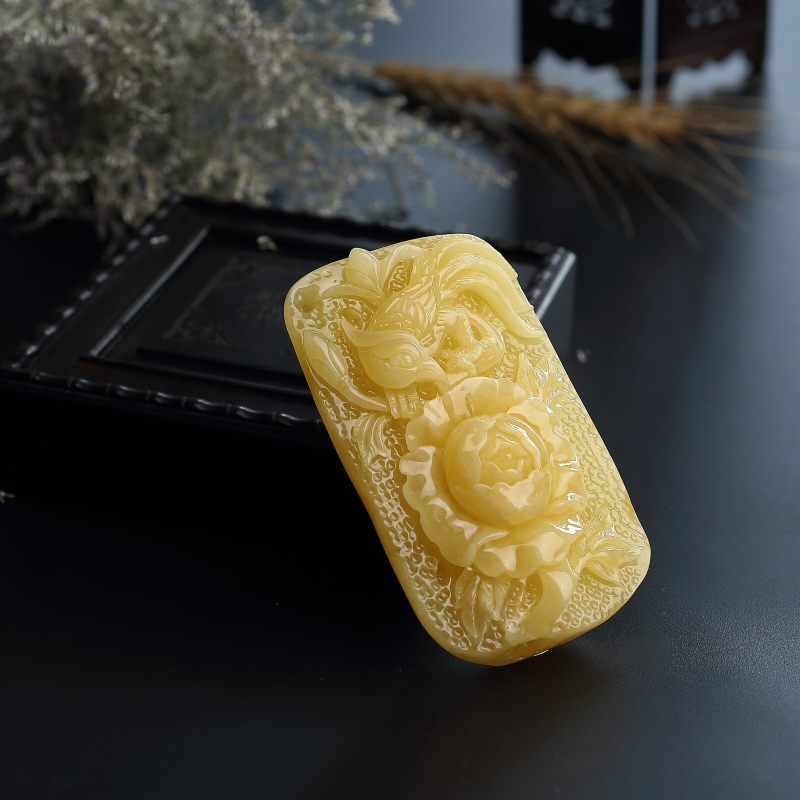 天然鸡油黄蜜蜡花鸟吊坠-红掌柜