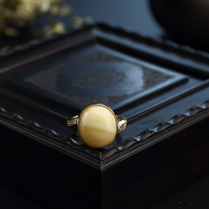 波罗的海天然银镶白花蜜蜜蜡戒指 - 红掌柜