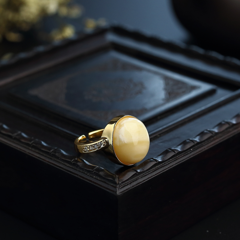 天然银镶白花蜜蜜蜡戒指 - 红掌柜