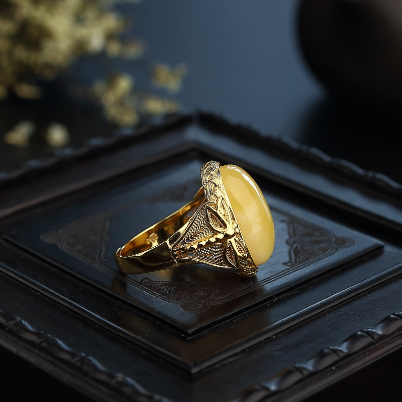 银镶白花蜜蜜蜡戒指 - 红掌柜