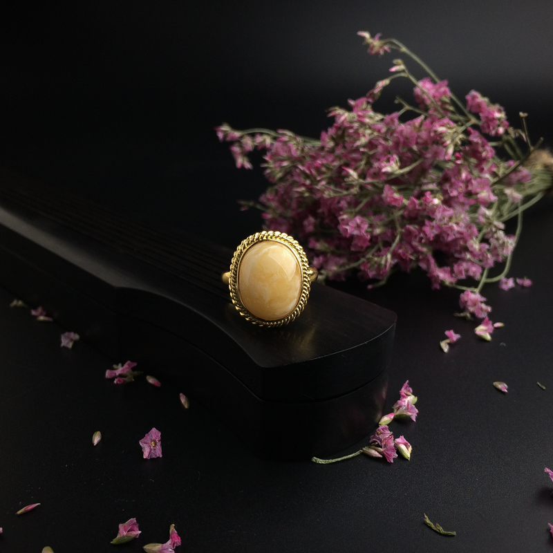 波罗的海天然银镶白花蜜蜜蜡戒指 - 红掌柜