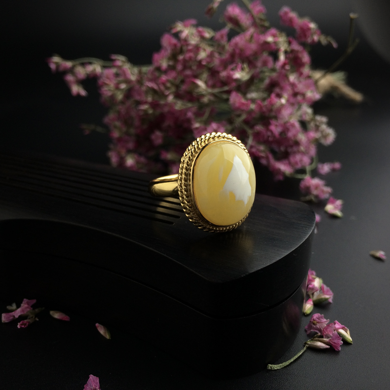 天然银镶白花蜜蜜蜡戒指 - 红掌柜