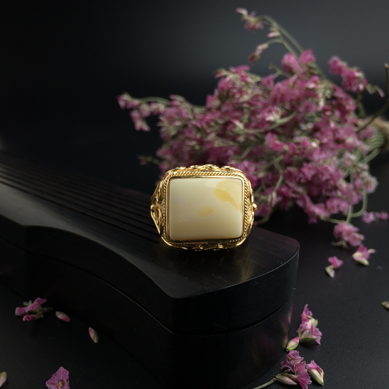 波罗的海天然银镶白花蜜蜜蜡戒指 - 红掌柜