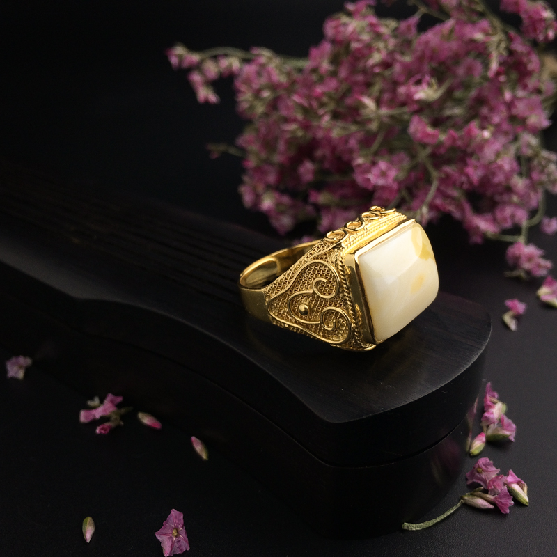 天然银镶白花蜜蜜蜡戒指 - 红掌柜