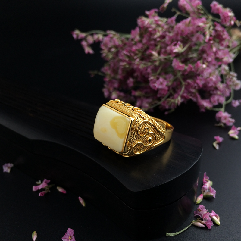 银镶白花蜜蜜蜡戒指 - 红掌柜