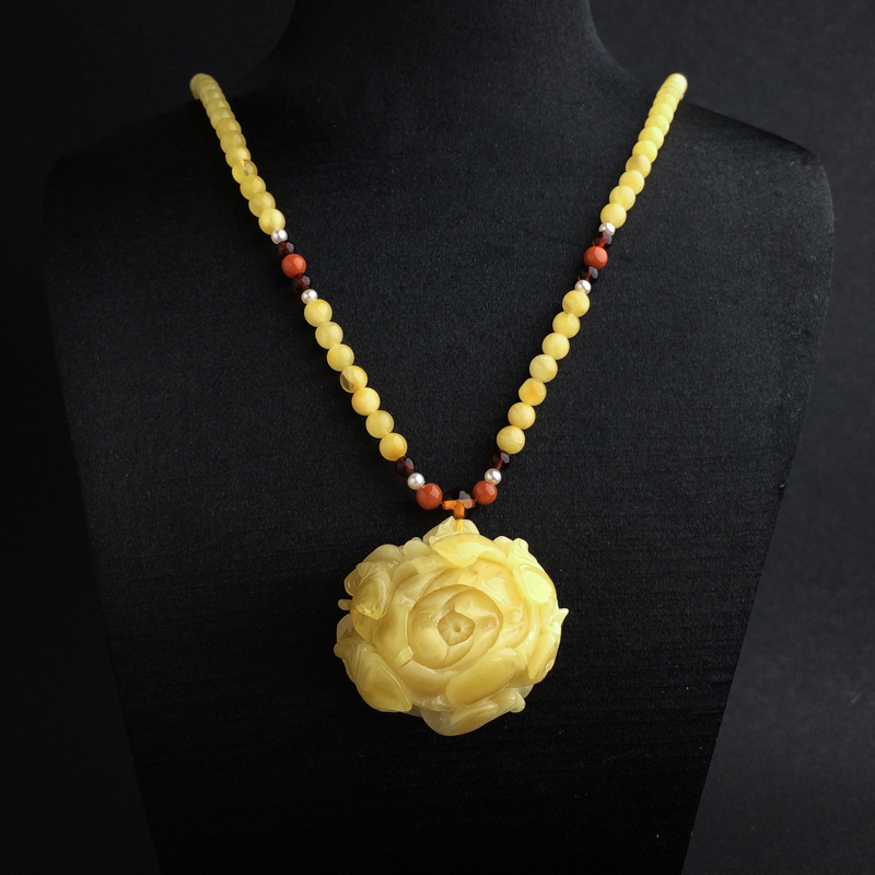 波罗的海天然浅黄蜜蜡花开富贵项链 - 红掌柜
