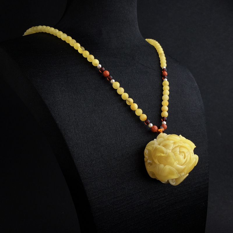 天然浅黄蜜蜡花开富贵项链 - 红掌柜