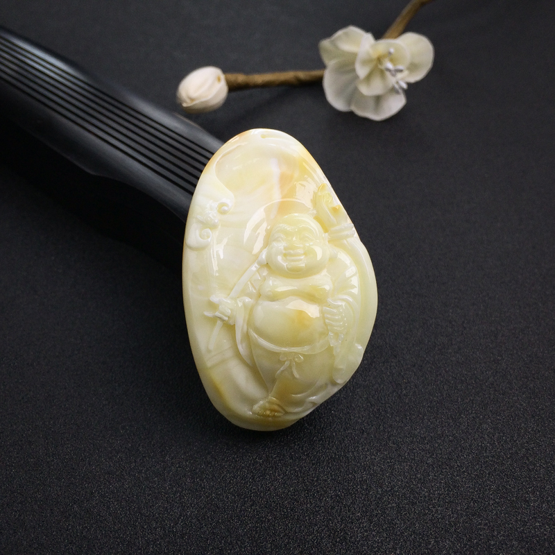 波罗的海天然俏色白蜜蜜蜡弥勒佛吊坠-红掌柜