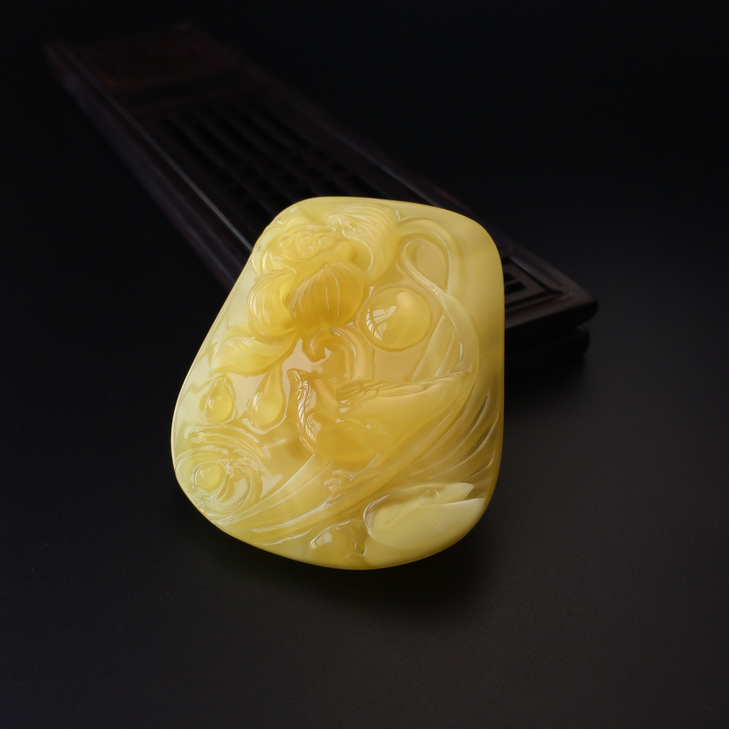 天然柠檬黄蜜蜡花鸟吊坠-红掌柜