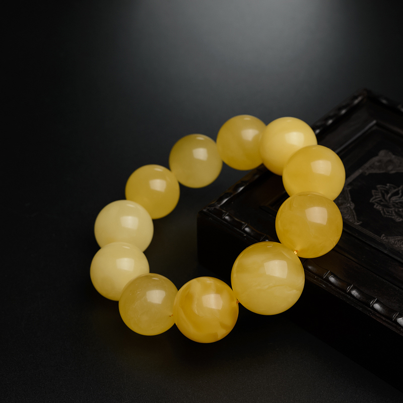 天然鸡油黄蜜蜡圆珠手串 - 红掌柜