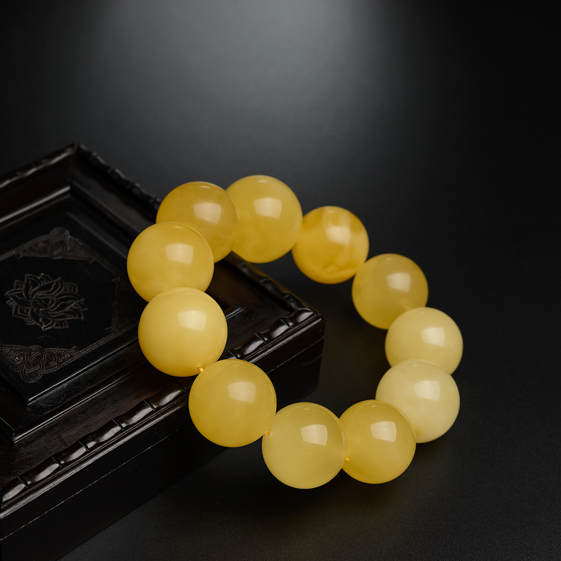 鸡油黄蜜蜡圆珠手串 - 红掌柜