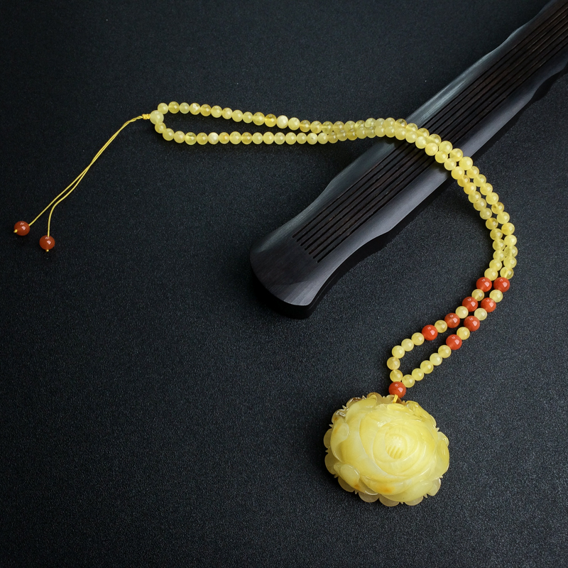 波罗的海天然带皮柠檬黄蜜蜡牡丹花项链 - 红掌柜