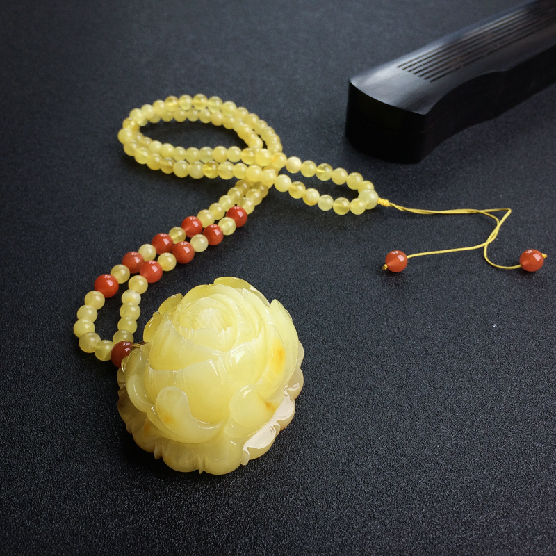 天然带皮柠檬黄蜜蜡牡丹花项链 - 红掌柜