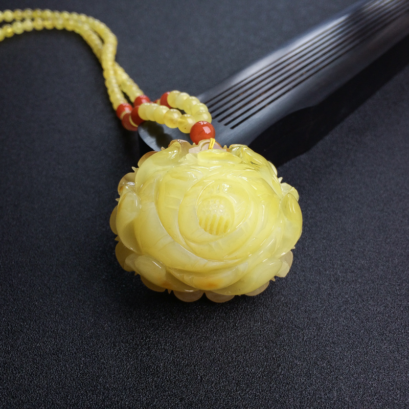 带皮柠檬黄蜜蜡牡丹花项链 - 红掌柜