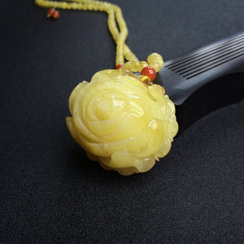 波罗的海带皮柠檬黄蜜蜡牡丹花项链 - 红掌柜