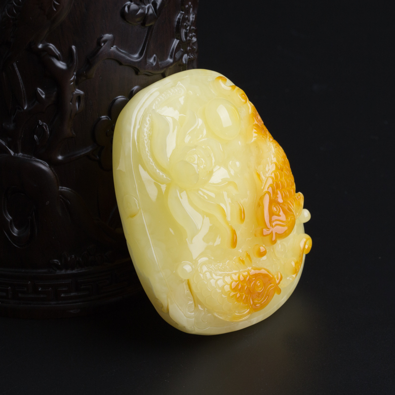 天然满黄蜜蜡双鱼吊坠-红掌柜