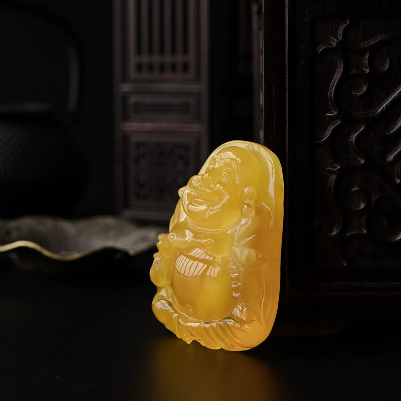 天然金包蜜鸡油黄弥勒佛吊坠 - 红掌柜