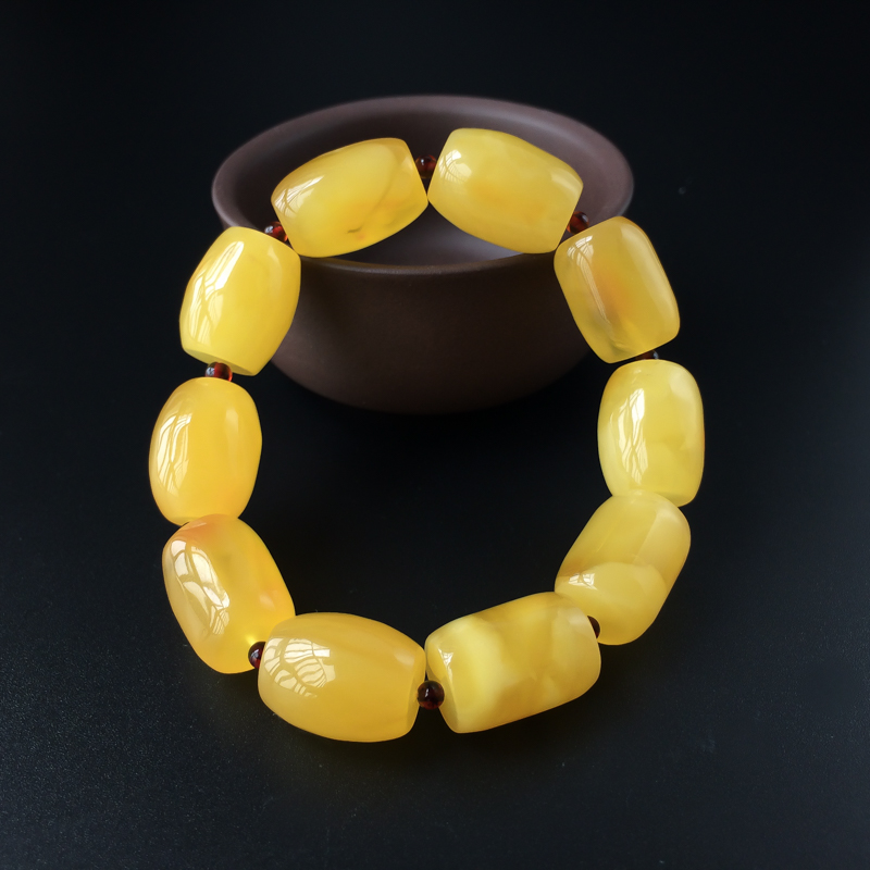 鸡油黄蜜蜡桶珠手串 - 红掌柜