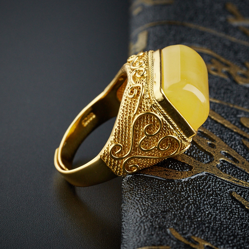 银镶蜜蜡戒指-红掌柜珠宝