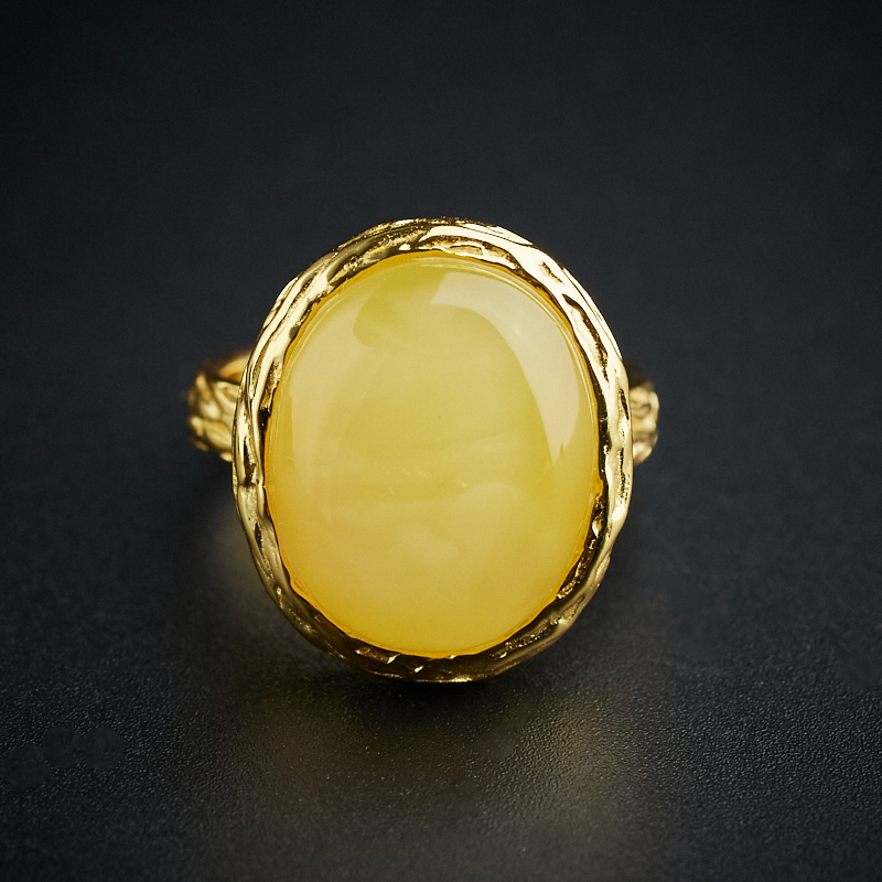 银镶天然鸡油黄蜜蜡戒指 - 红掌柜珠宝