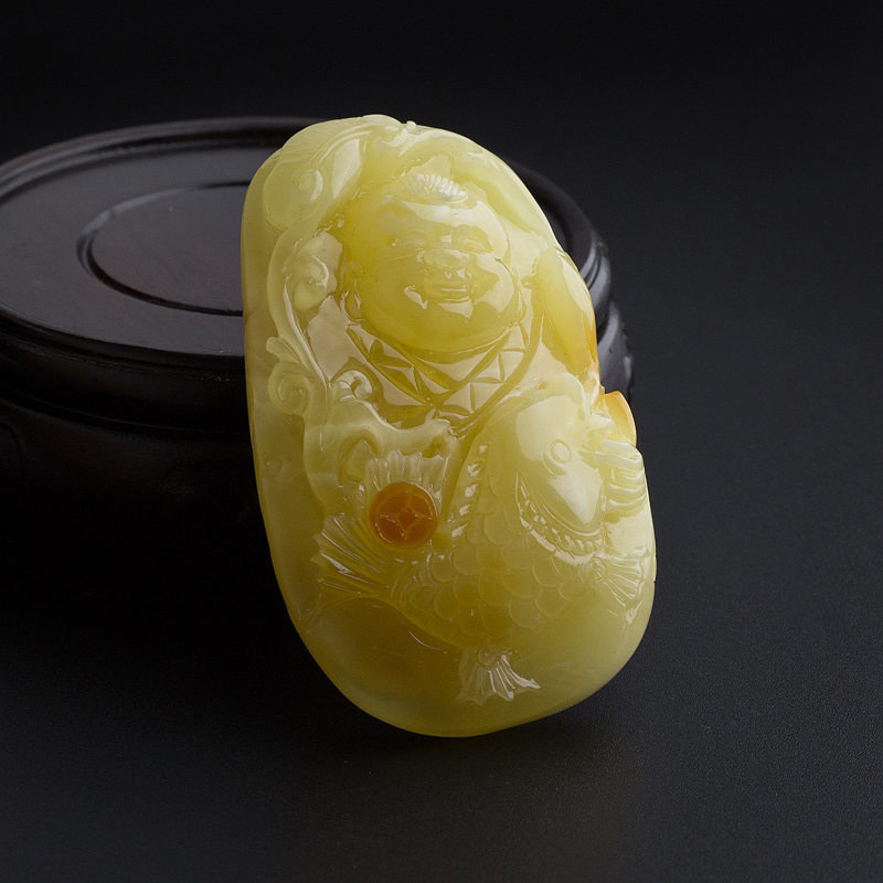 天然满黄蜜蜡送财童子吊坠 - 红掌柜