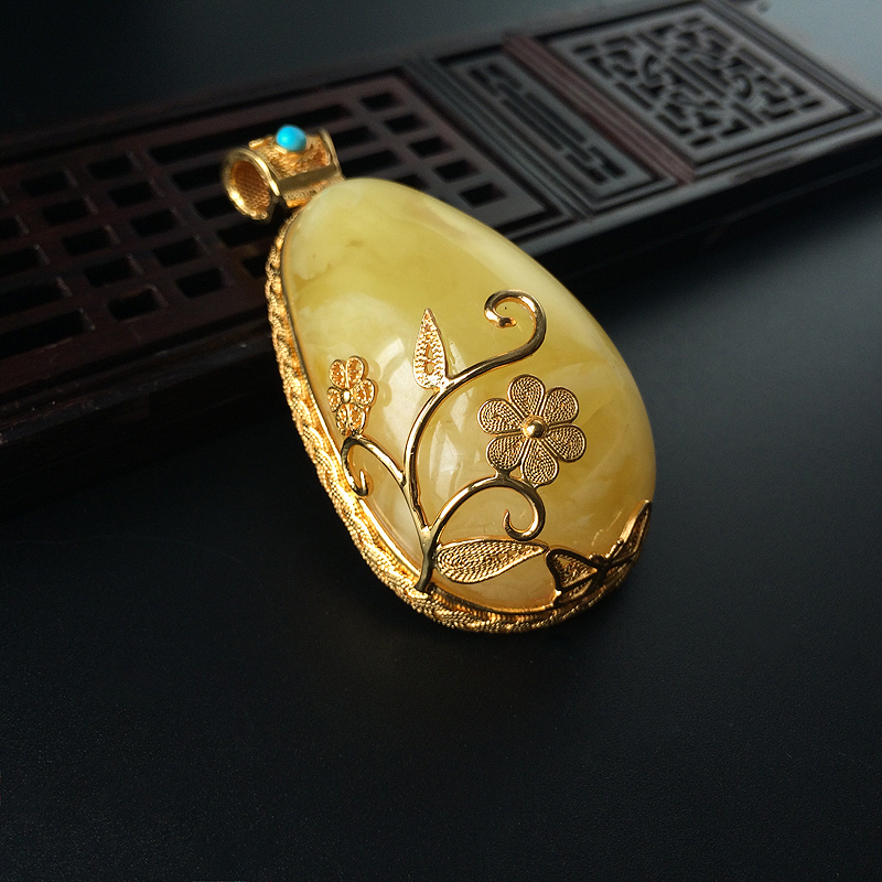 天然银镀金镶白花蜜水滴吊坠 - 红掌柜