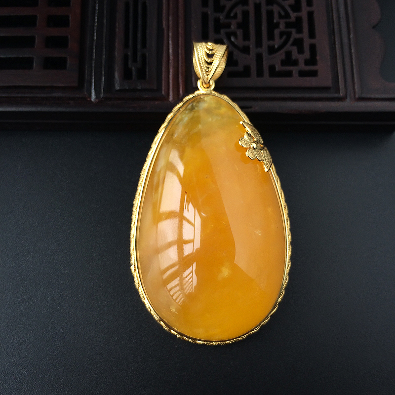 波罗的海天然银镀金镶鸡油黄水滴蜜蜡吊坠 - 红掌柜