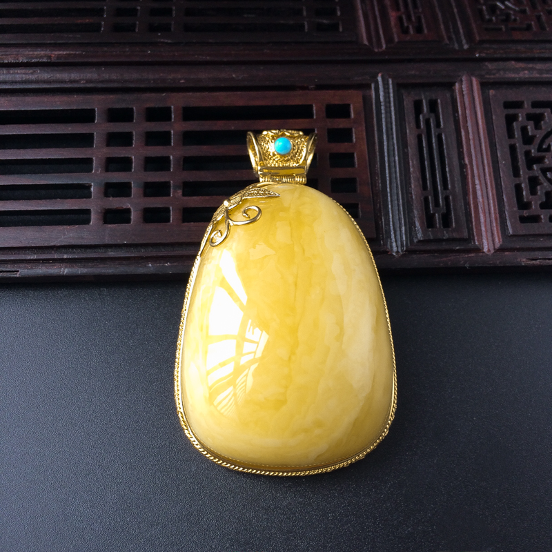 波罗的海天然银镀金镶鸡油黄蛋面蜜蜡吊坠 - 红掌柜