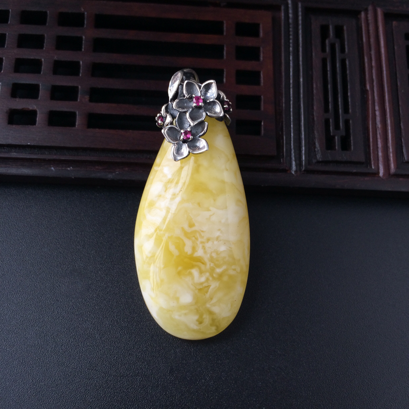 波罗的海天然银镶白花蜜水滴蜜蜡吊坠 - 红掌柜