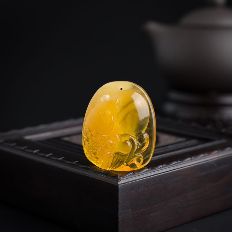 天然金绞蜜鸡油黄蜜蜡鱼吊坠-红掌柜