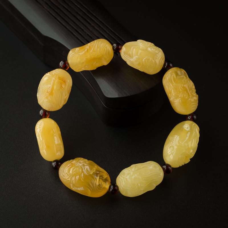 鸡油黄蜜蜡罗汉头手串-红掌柜