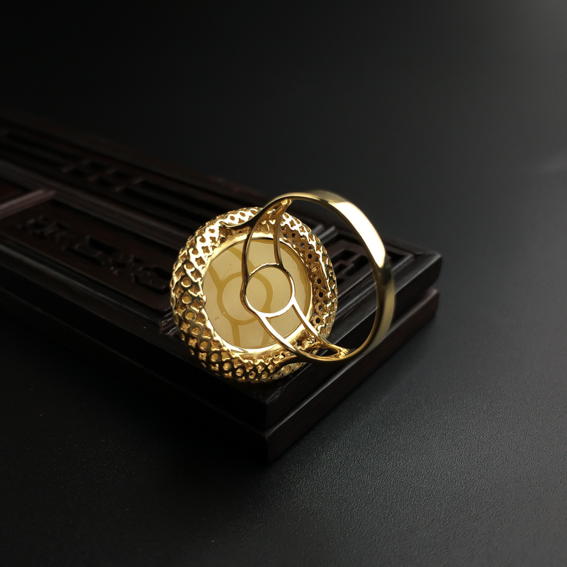 K金镶鸡油黄蜜蜡戒指 - 红掌柜