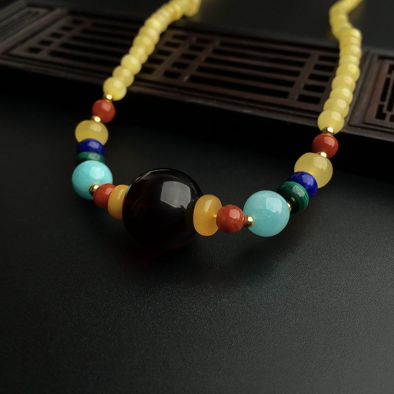 柠檬黄蜜蜡圆珠项链 - 红掌柜