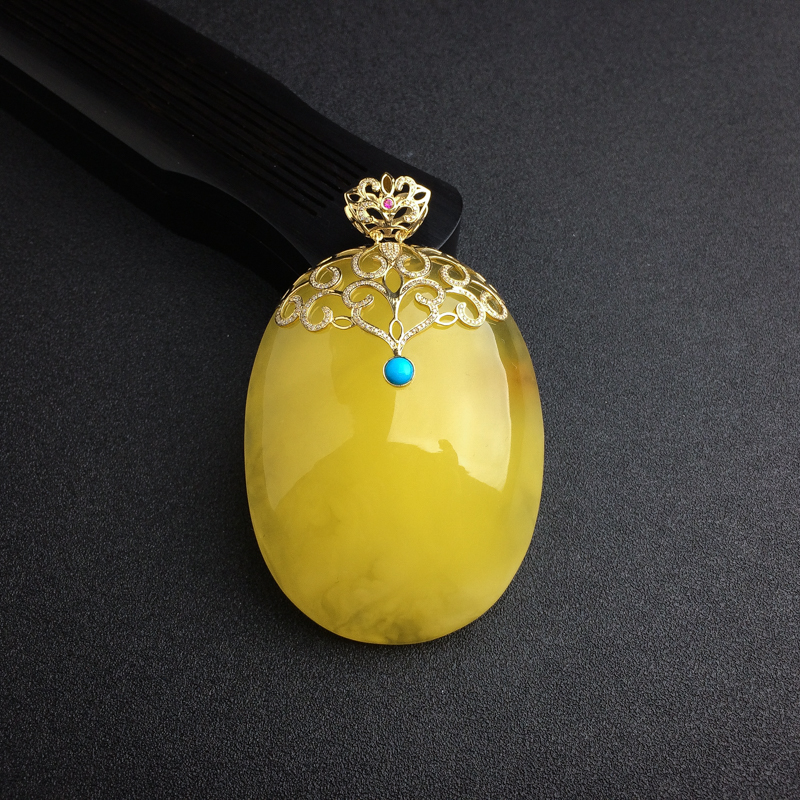 波罗的海天然18K金镶鸡油黄蜜蜡蛋面吊坠 - 红掌柜