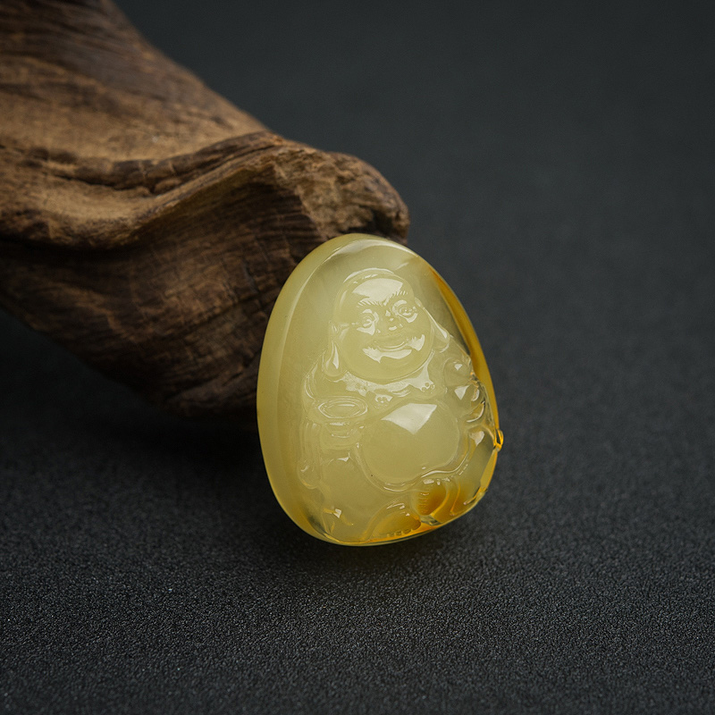 天然鸡油黄蜜蜡弥勒佛吊坠-红掌柜